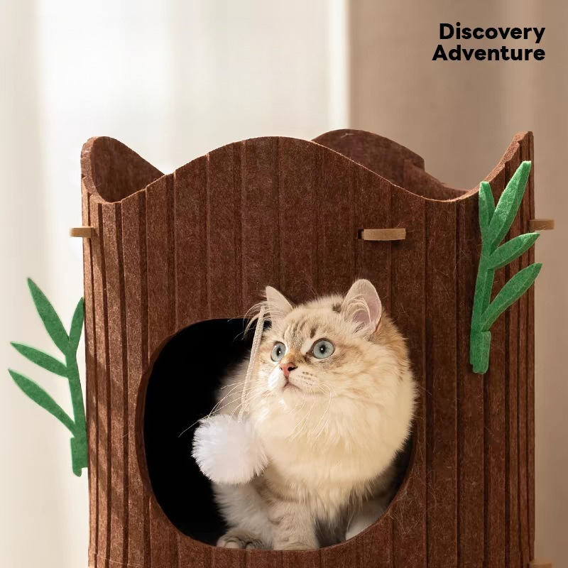 Felt Tree Trunk Cat House - Multi-Level Hideaway with Hanging Toys & Scratching Surface