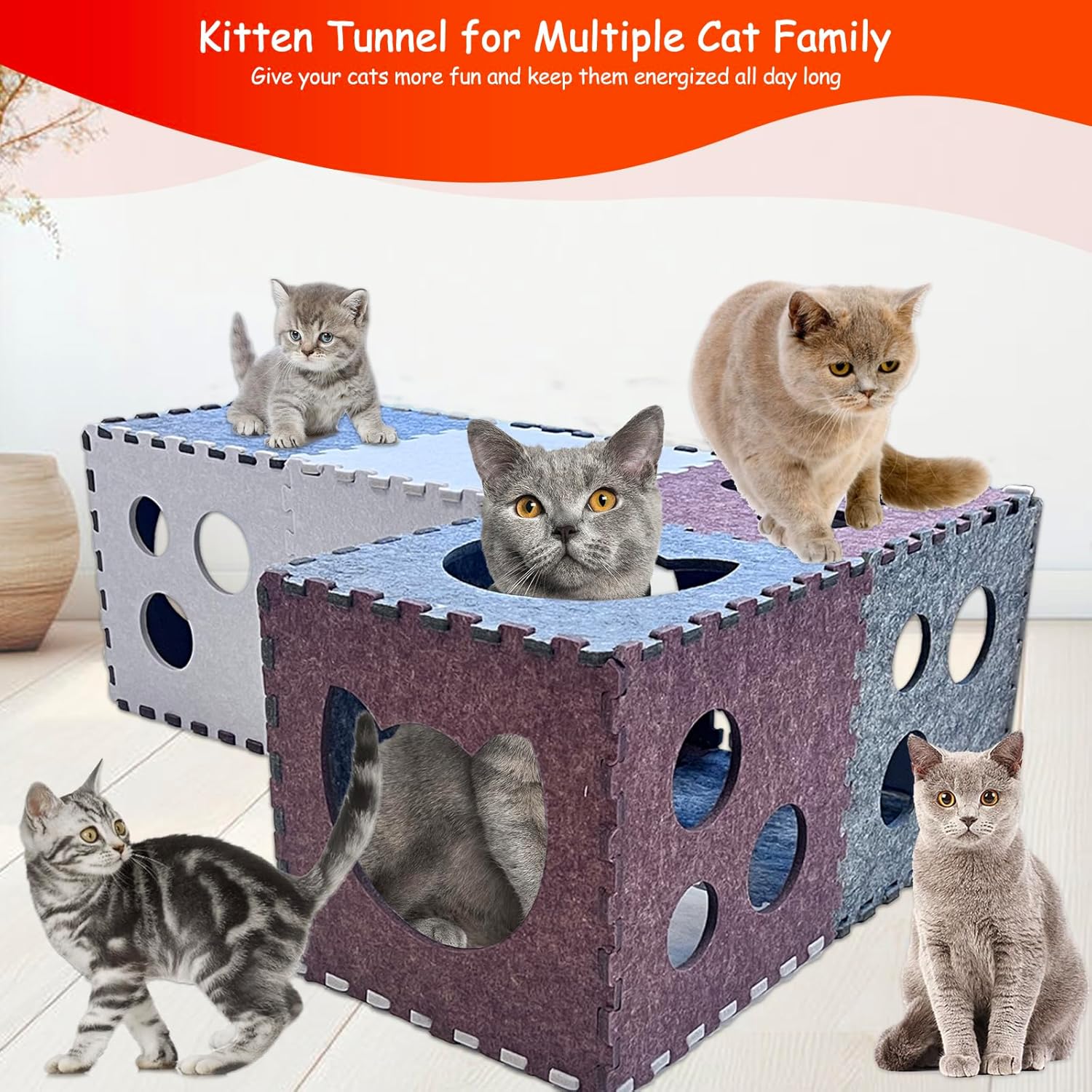Modular Felt Cat Tunnel - DIY Playhouse with Interactive Peek Holes Detachable & Foldable Design