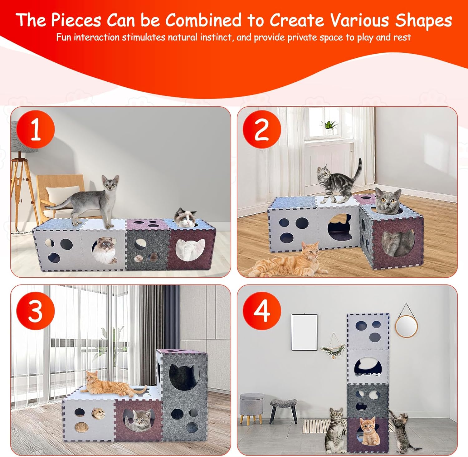 Modular Felt Cat Tunnel - DIY Playhouse with Interactive Peek Holes Detachable & Foldable Design