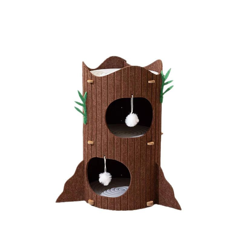 Felt Tree Trunk Cat House - Multi-Level Hideaway with Hanging Toys & Scratching Surface