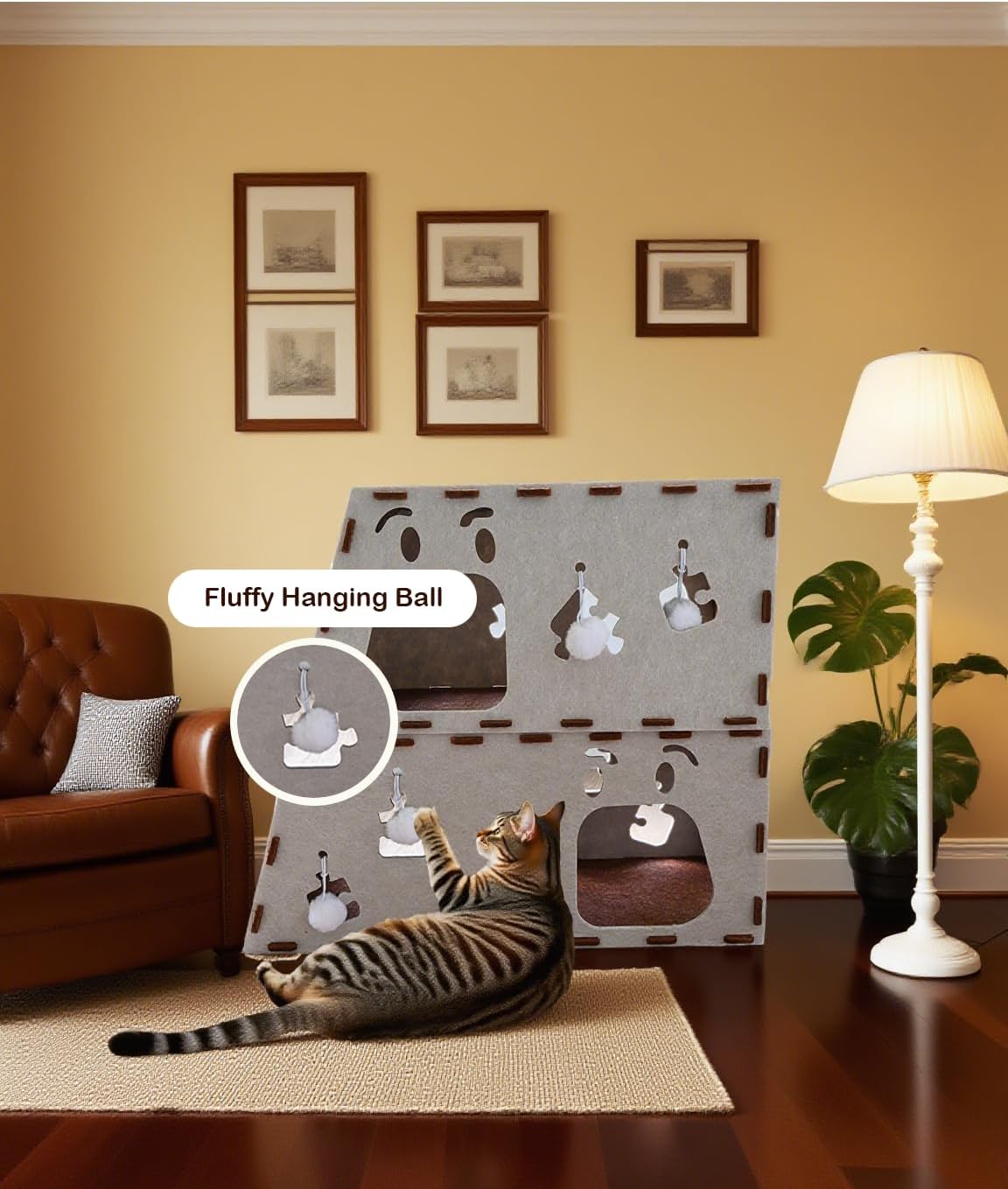 Interactive Felt Cat Playground 3-in-1 Cat Scratcher & Hideaway with Fluffy Hanging Toys
