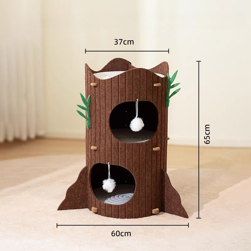 Felt Tree Trunk Cat House - Multi-Level Hideaway with Hanging Toys & Scratching Surface
