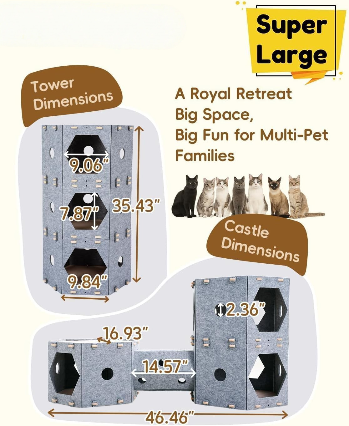 Super Large Multi-Cat Playground - Expandable Hexagon Felt Hideaway & Climbing Tower
