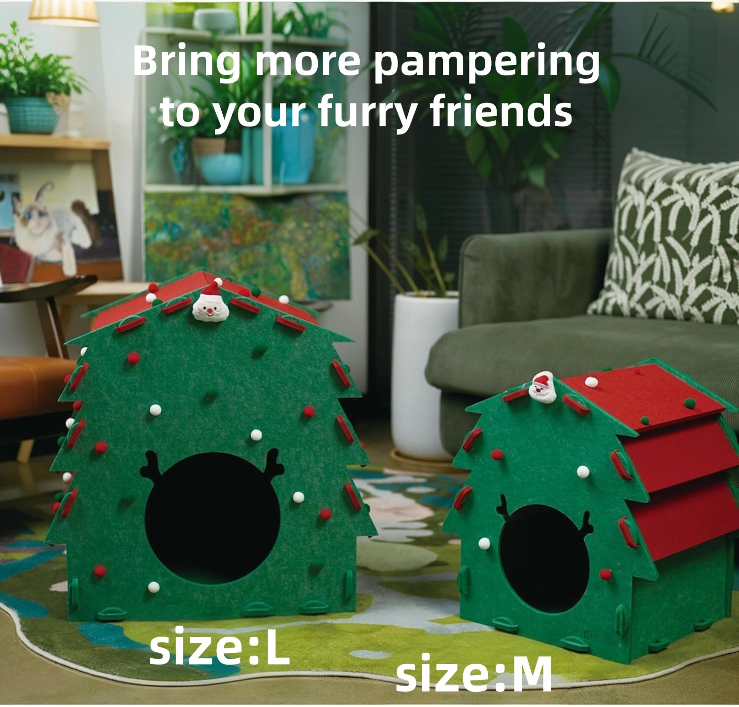 Christmas Tree Felt Cat House Built-in Scratcher & Toy Balls Cozy Foldable Pet Cave for Indoor Cats