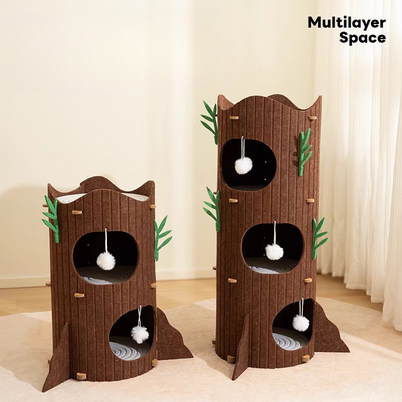 Felt Tree Trunk Cat House - Multi-Level Hideaway with Hanging Toys & Scratching Surface