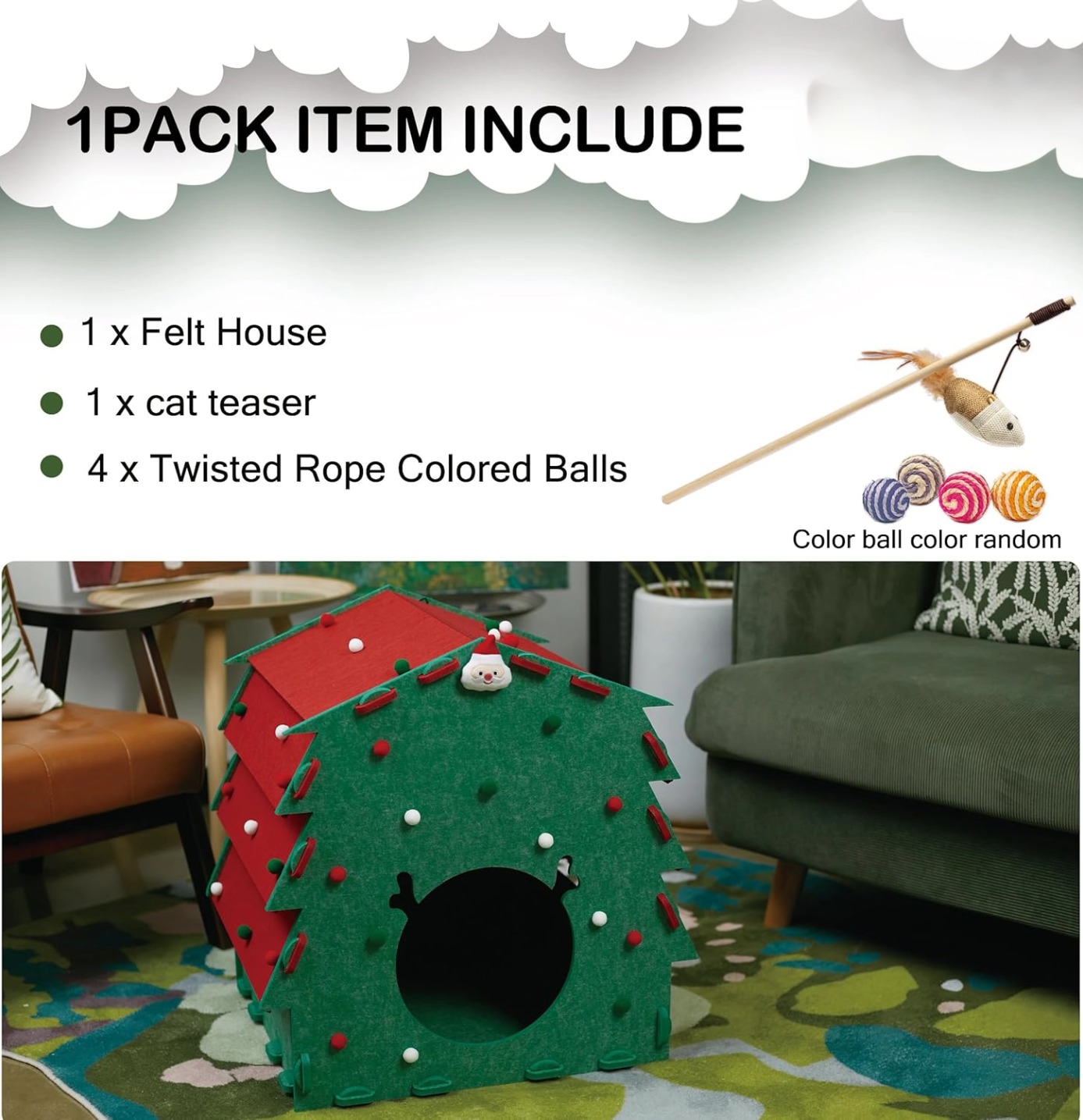 Christmas Tree Felt Cat House Built-in Scratcher & Toy Balls Cozy Foldable Pet Cave for Indoor Cats