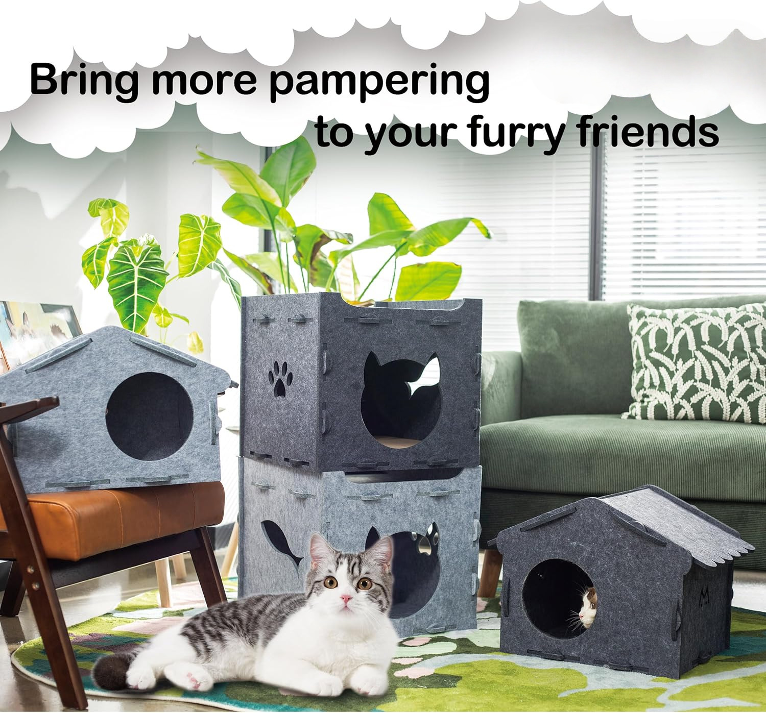 Cozy Cat Face Felt House Wavy Eave Roof Ventilated Pet Cave with Scratcher & Toys Indoor Cat Bed