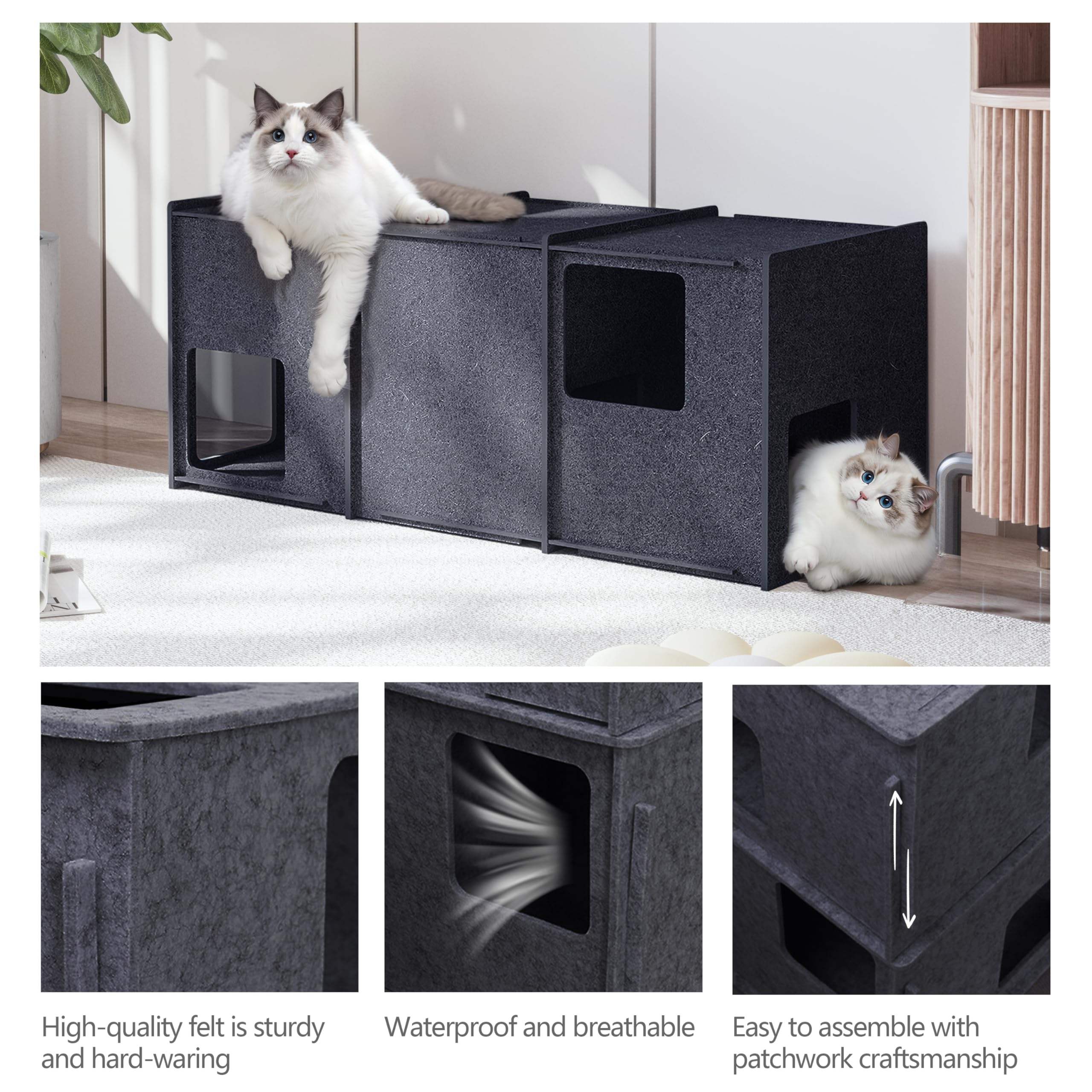 Cozy Scratch Resistant Polyester Felt Cat Bed & Cave Foldable Large Hideaway Tunnel for Kittens