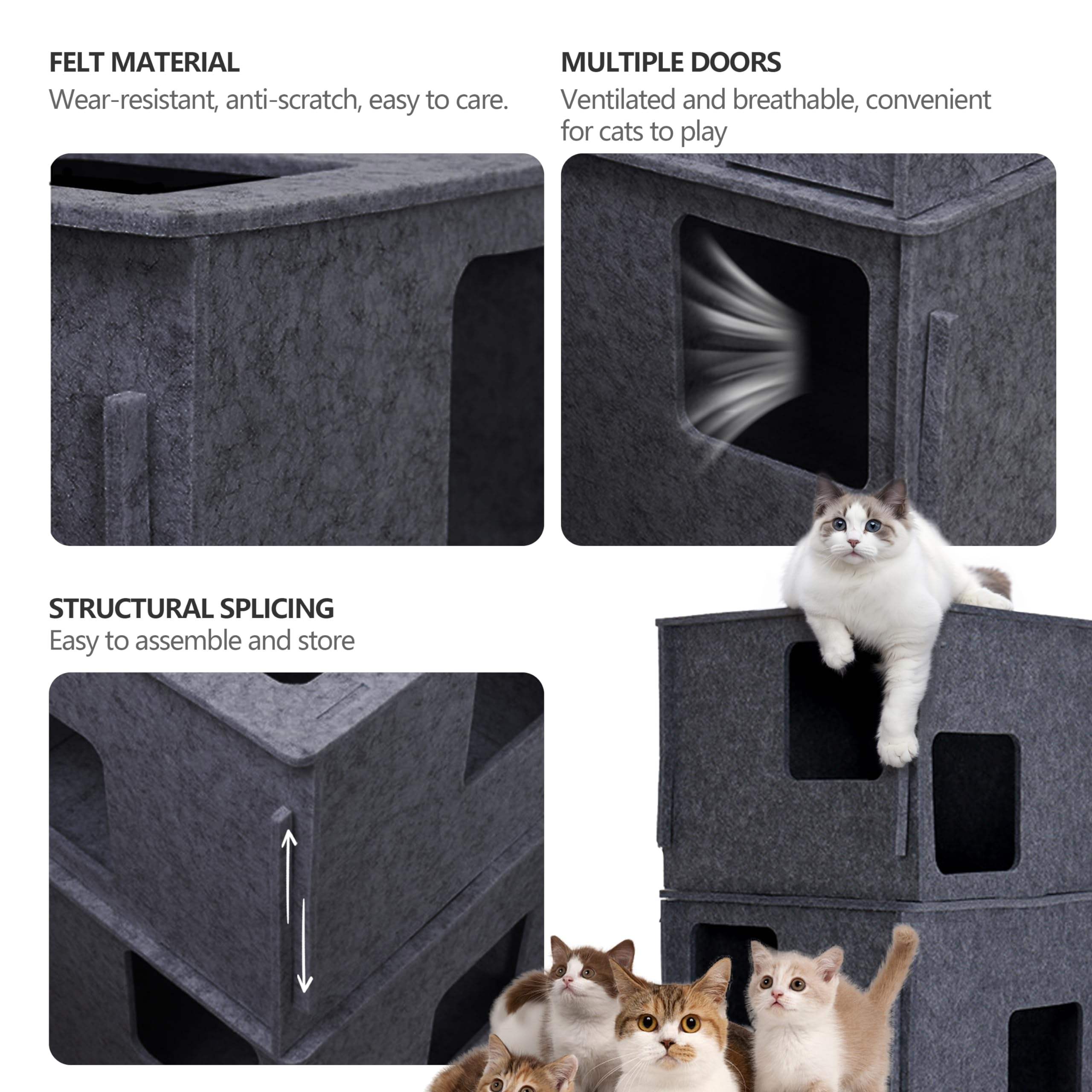 Cozy Scratch Resistant Polyester Felt Cat Bed & Cave Foldable Large Hideaway Tunnel for Kittens