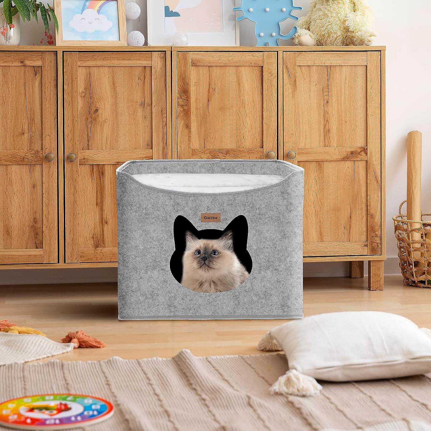 Custom Rectangle 2 Layer Durable High Quality Sustainable Cat Bed Small Folding Felt Pet Cat Nest with Button Closure