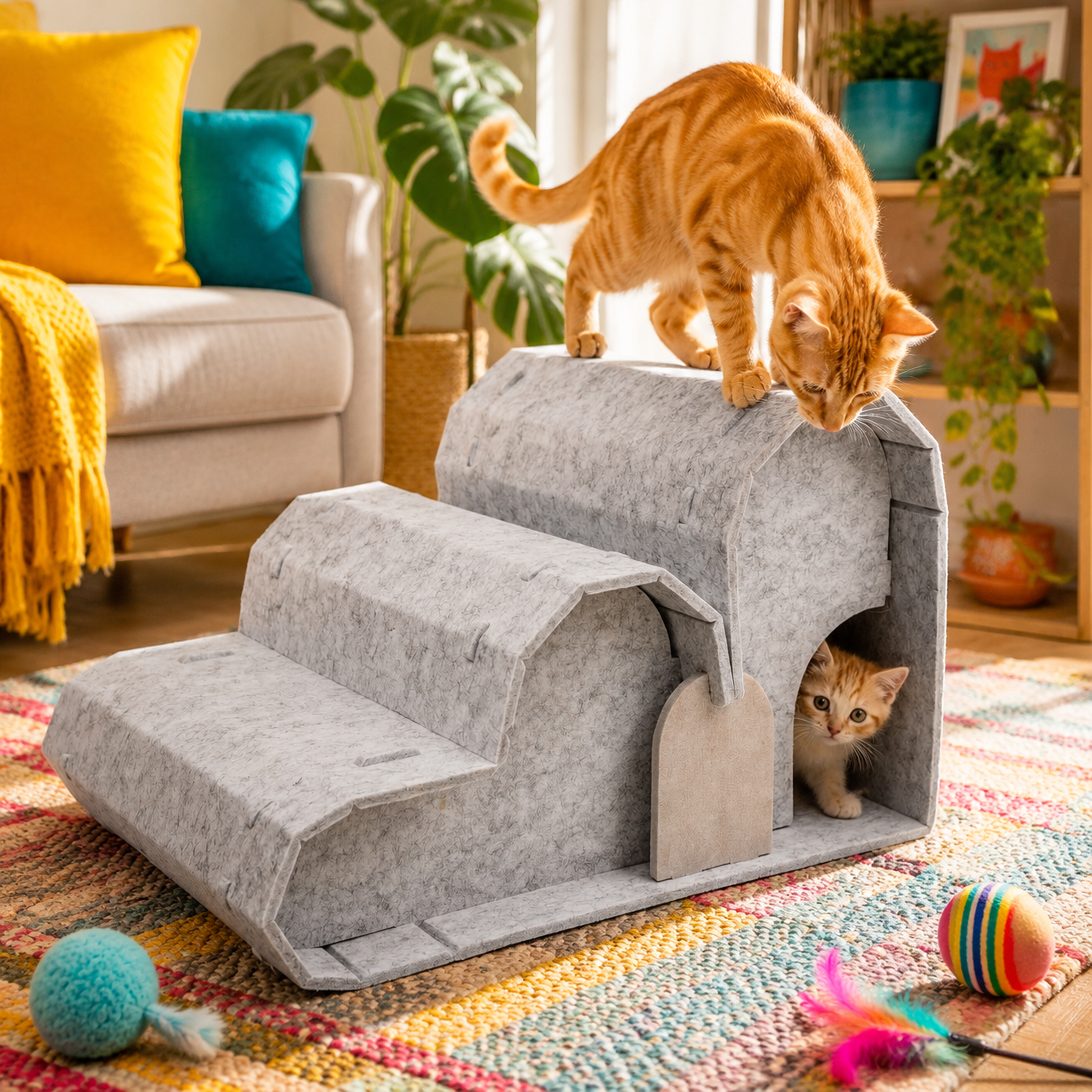 Large Classic 2-Story Eco-Friendly Foldable Portable Indoor Cat House Cozy Wool Tunnel Removable Washable Bed Cave Carton