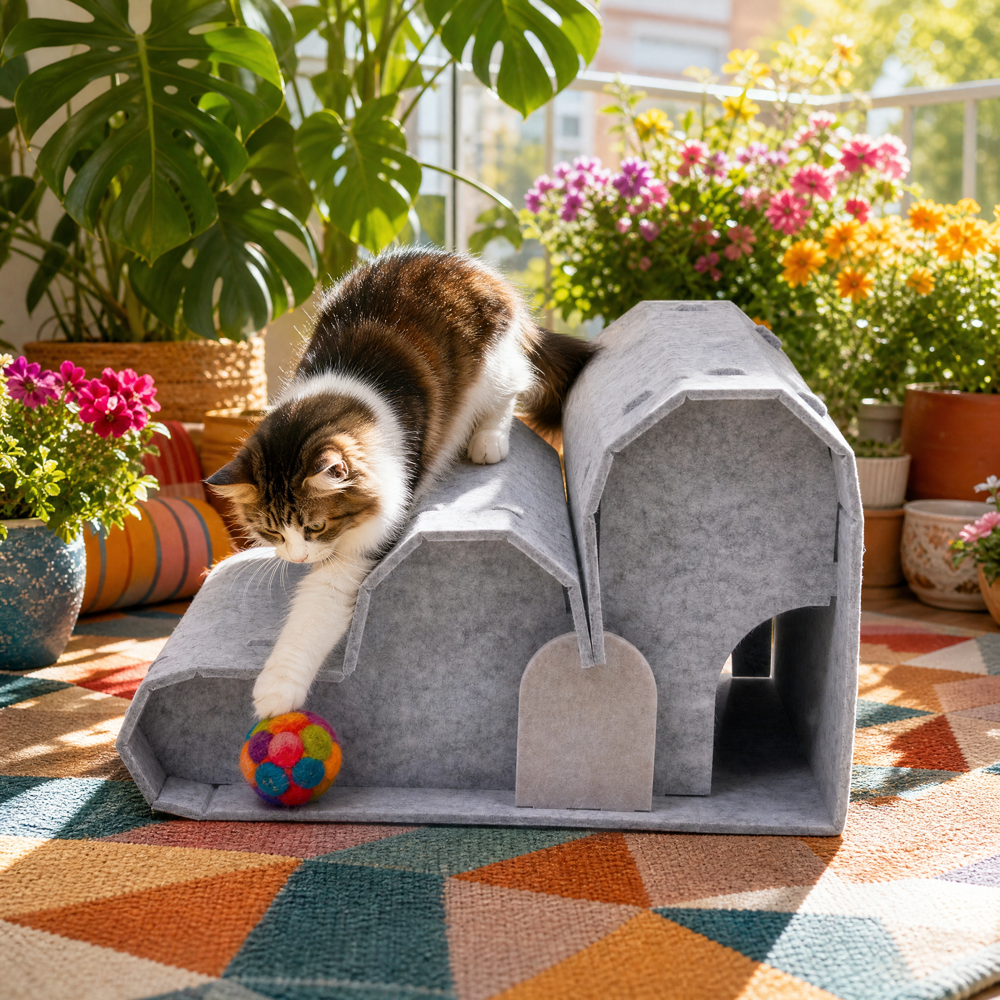 Large Classic 2-Story Eco-Friendly Foldable Portable Indoor Cat House Cozy Wool Tunnel Removable Washable Bed Cave Carton