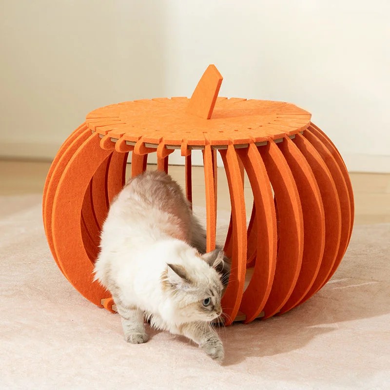Pumpkin Shaped Felt Cat Cave Bed with Wooden Base