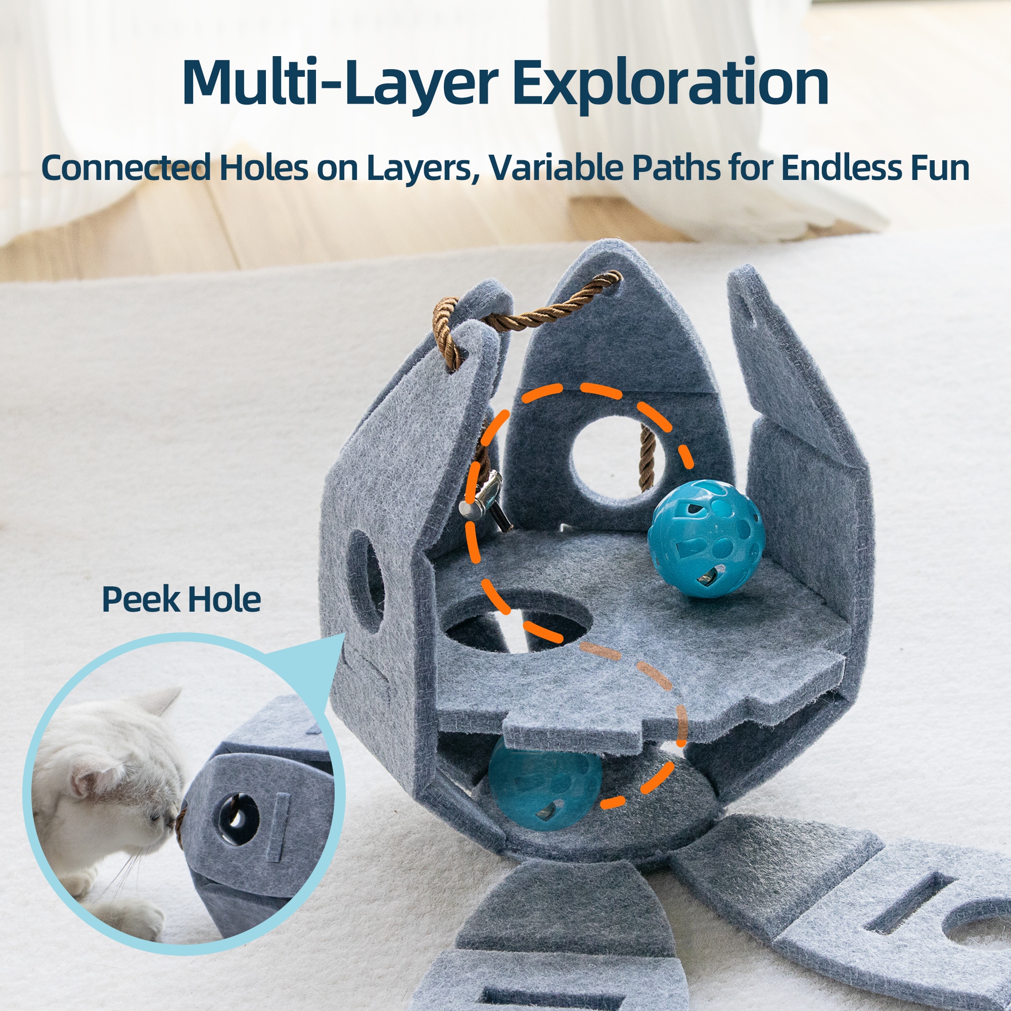 Foldable Felt Cat Puzzle Ball with Bell & Peek Holes