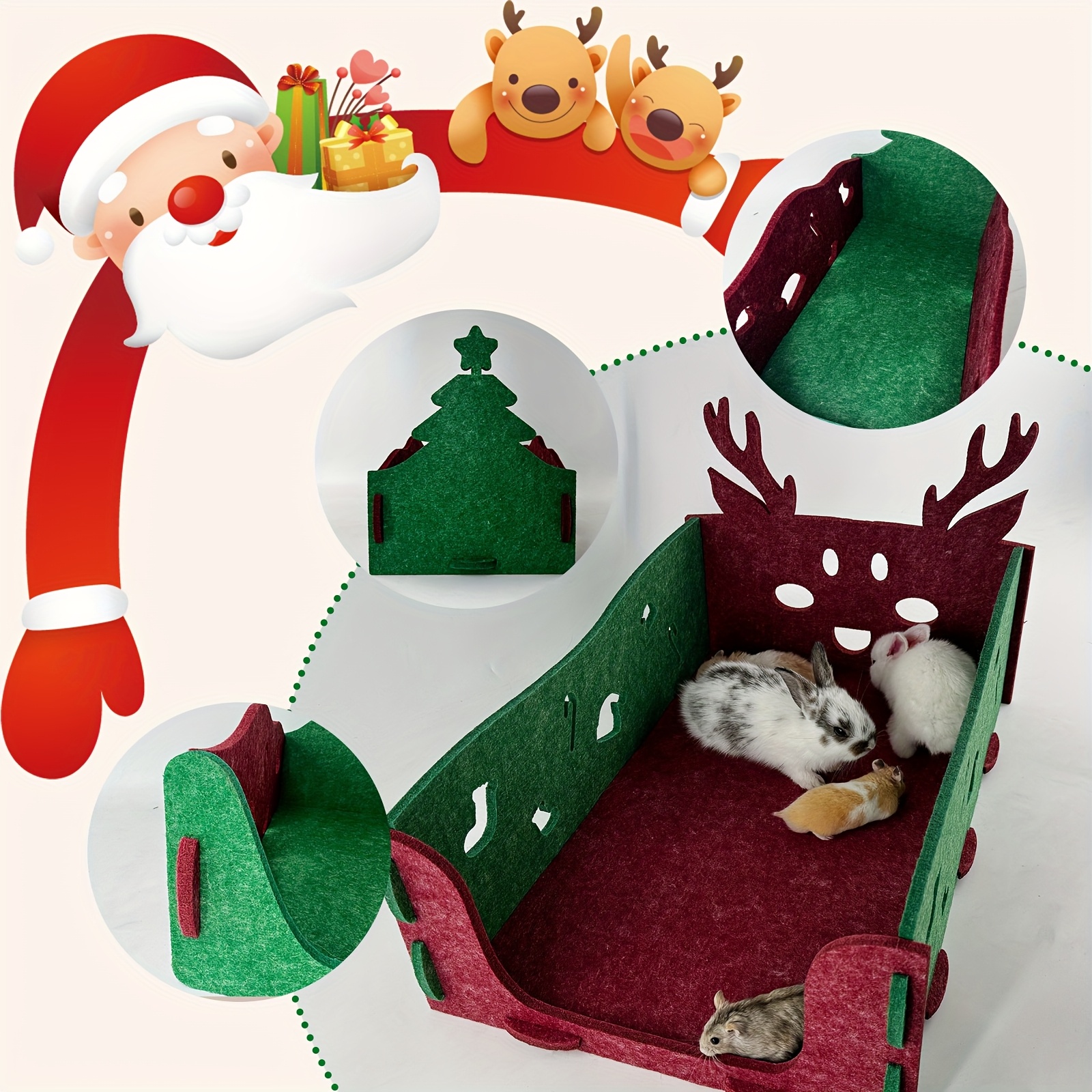Christmas Felt Pet Bed with Reindeer & Tree Design