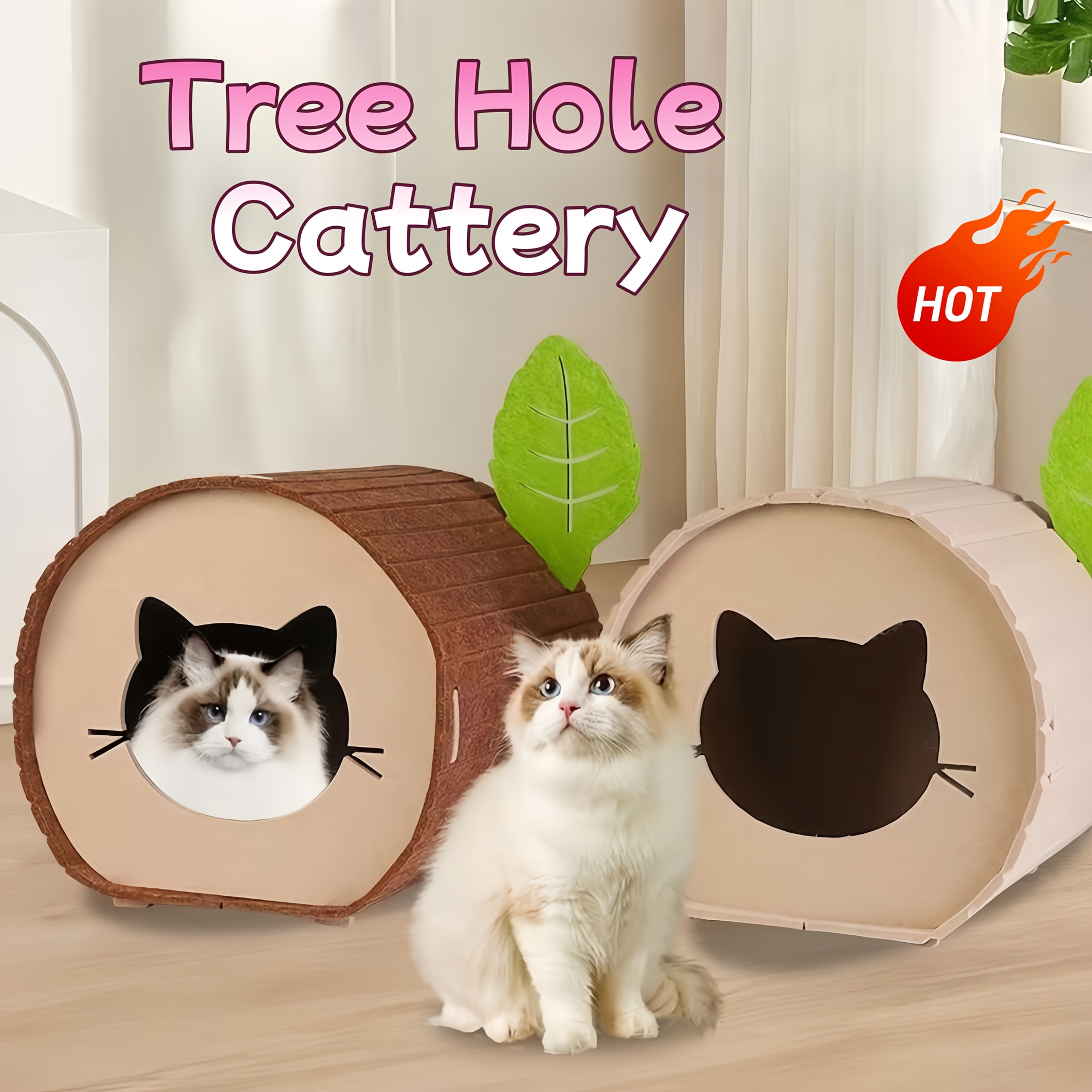 Foldable Felt Tree Stump Cat Cave with Leaf Decoration