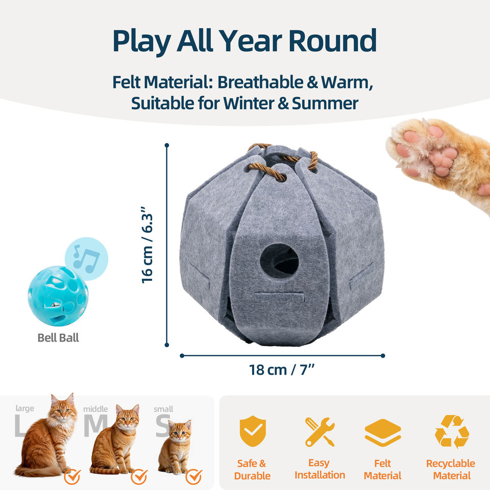 Foldable Felt Cat Puzzle Ball with Bell & Peek Holes