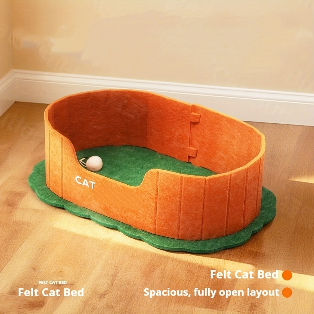Oval Felt Cat Bed with Bell Ball Toy and Low Entry