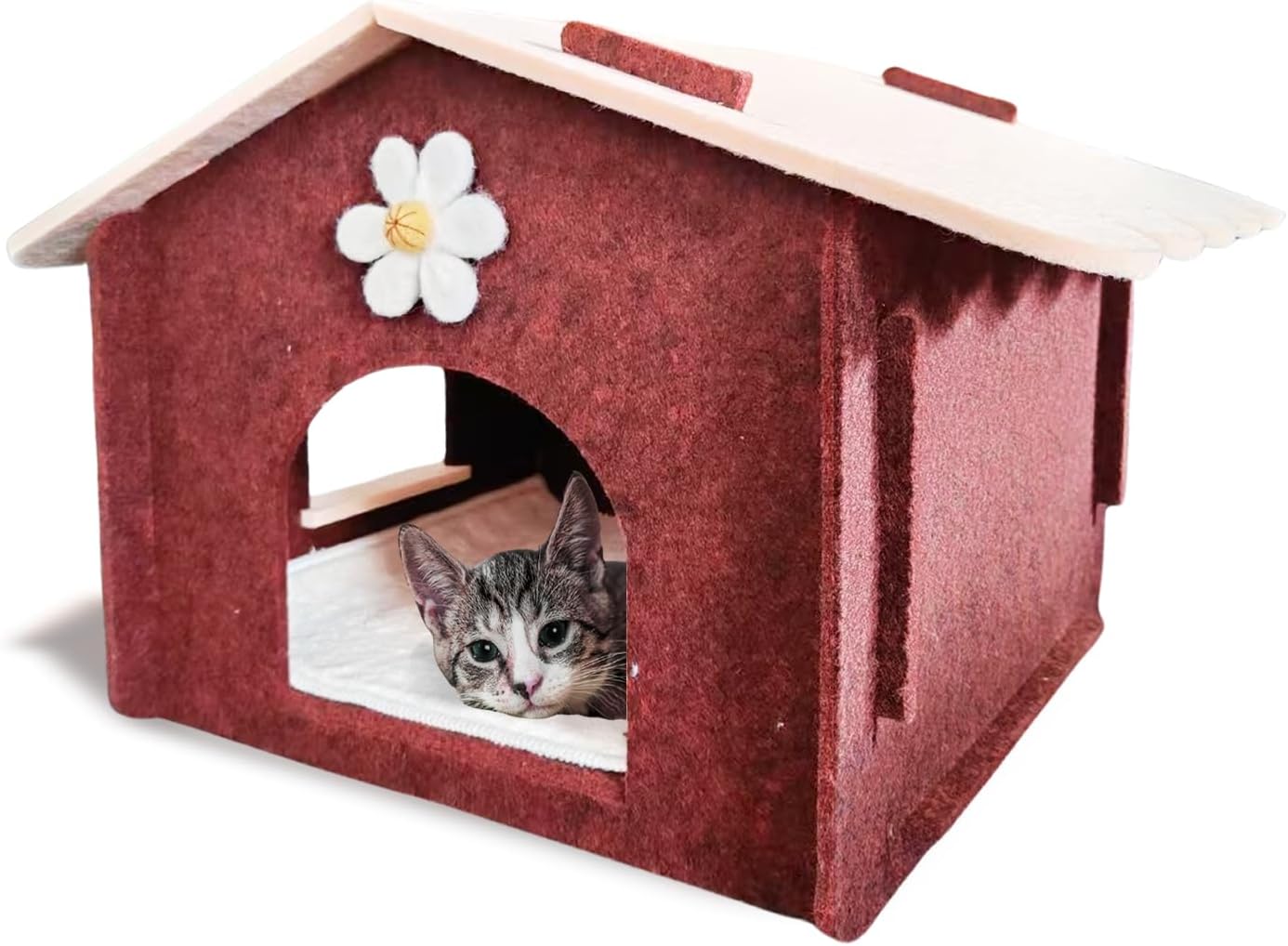 Cozy Felt Cat House with Flower Decor and Plush Mat
