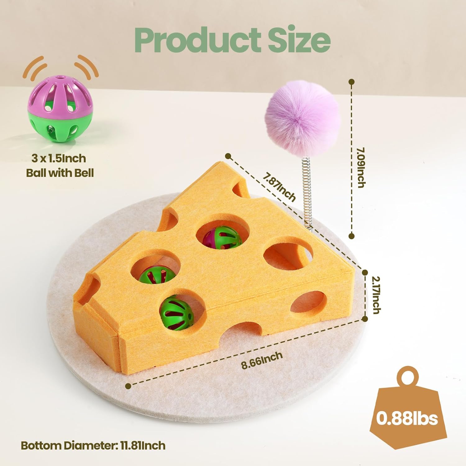 Cheese-Shaped Felt Cat Puzzle Toy with Bell Balls