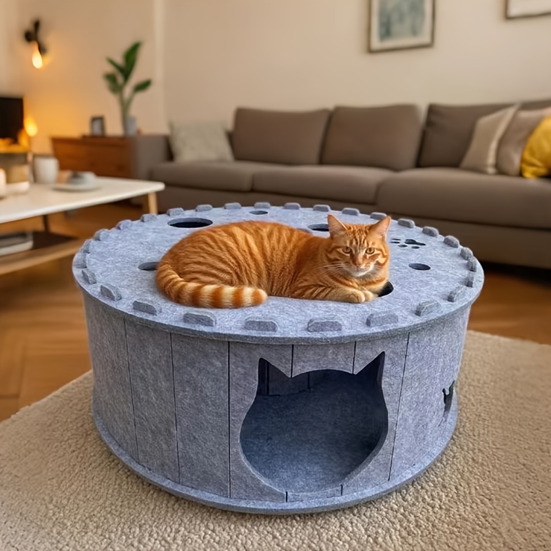 Large Round Felt Cat Cave Bed with Multiple Holes