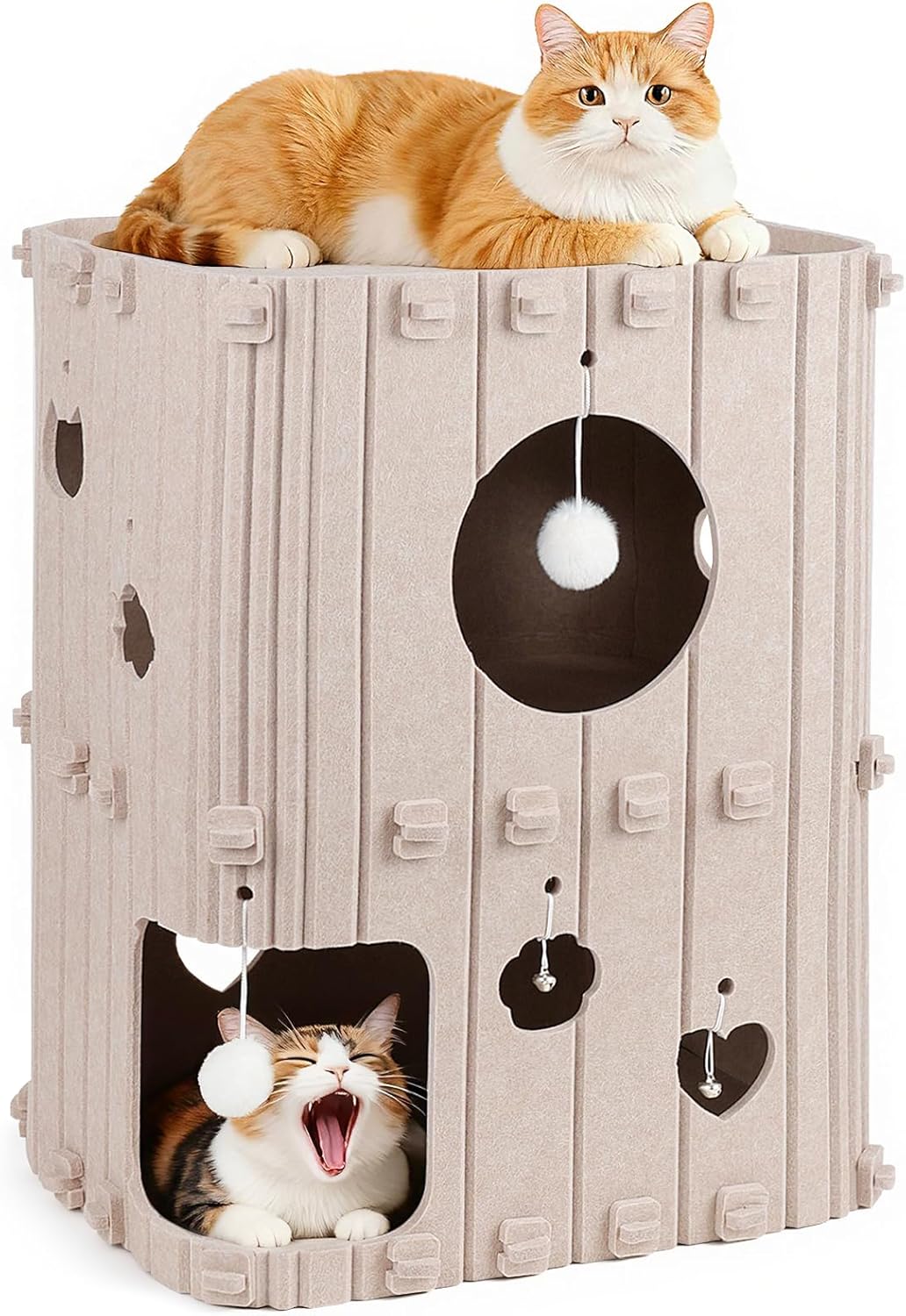 Beige Multi-Level Cat Tower with Pom-Pom Toys