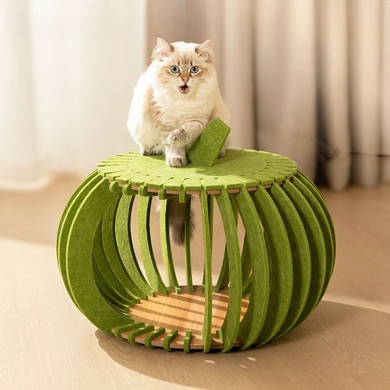 Pumpkin Shaped Felt Cat Cave Bed with Wooden Base