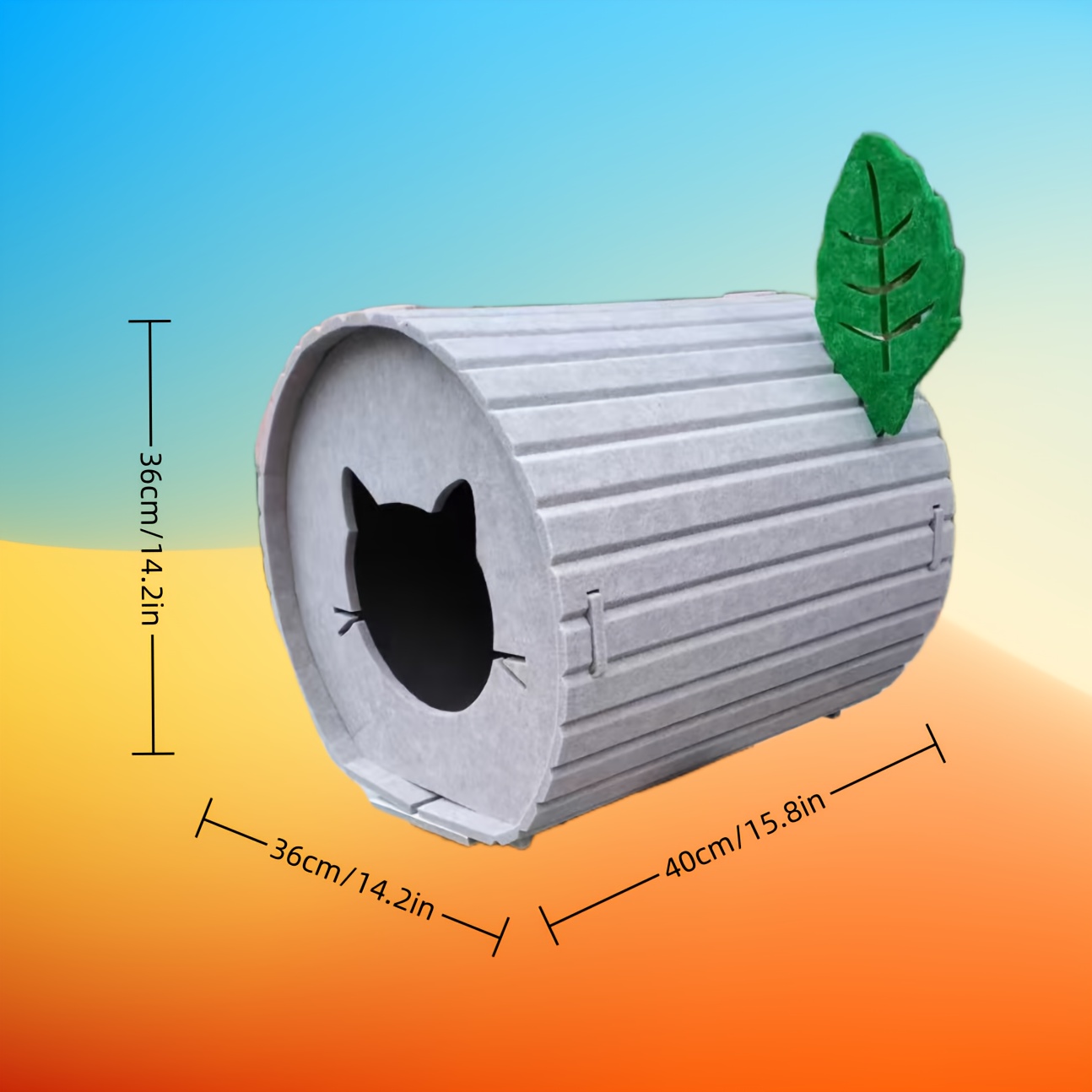 Foldable Felt Tree Stump Cat Cave with Leaf Decoration