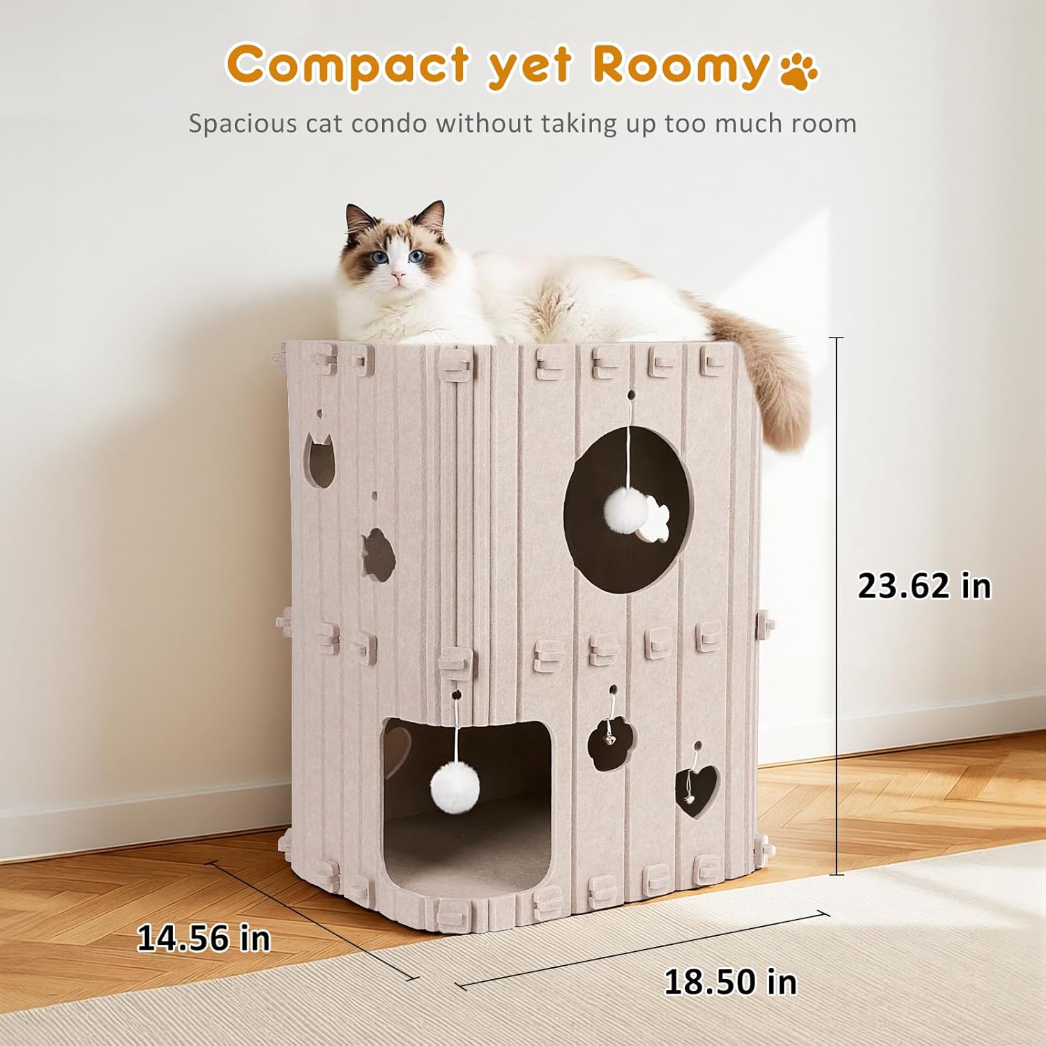 Beige Multi-Level Cat Tower with Pom-Pom Toys