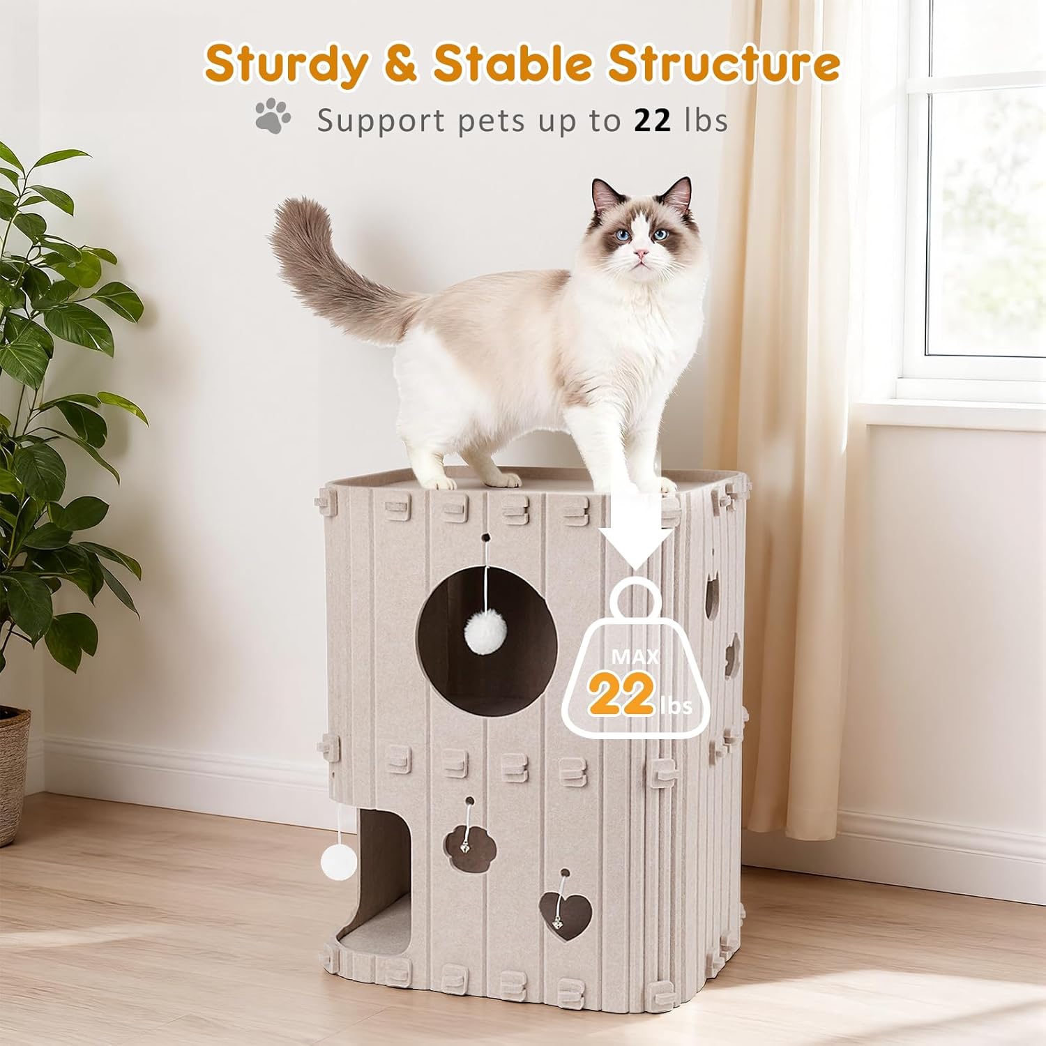 Beige Multi-Level Cat Tower with Pom-Pom Toys