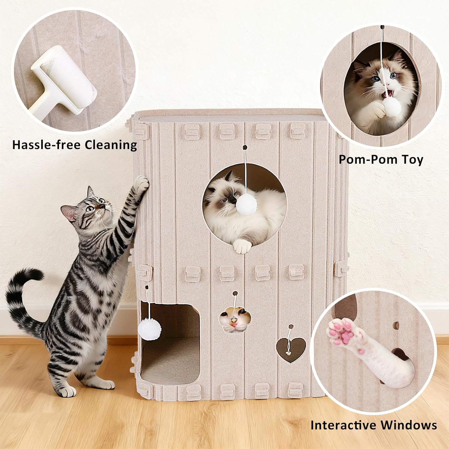 Beige Multi-Level Cat Tower with Pom-Pom Toys