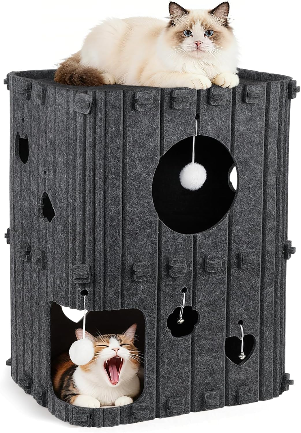 Multi-Level Felt Cat Tower Condo with Interactive Toys - Sturdy, Space-Saving Cat House for Sleeping, Hiding & Playing