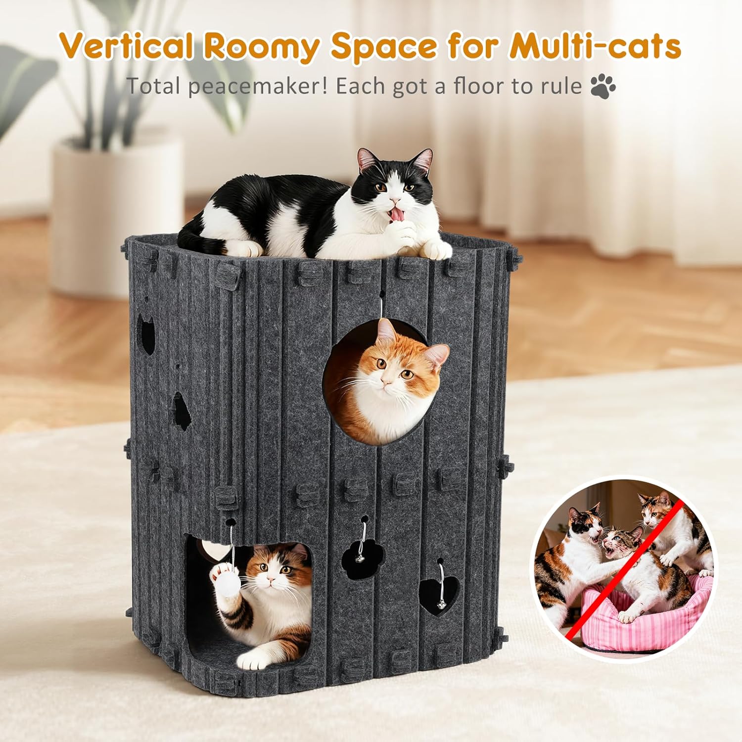 Multi-Level Felt Cat Tower Condo with Interactive Toys - Sturdy, Space-Saving Cat House for Sleeping, Hiding & Playing