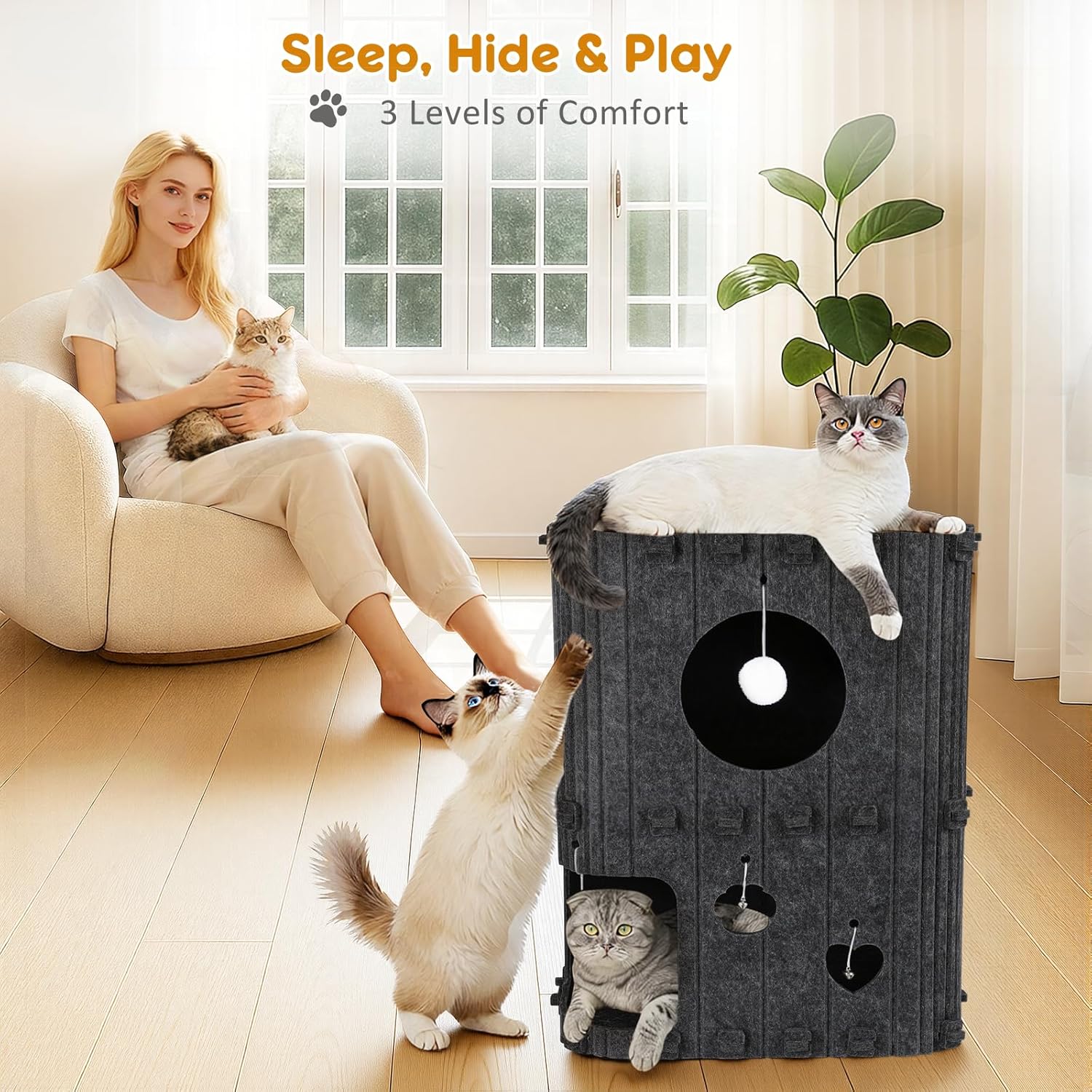 Multi-Level Felt Cat Tower Condo with Interactive Toys - Sturdy, Space-Saving Cat House for Sleeping, Hiding & Playing
