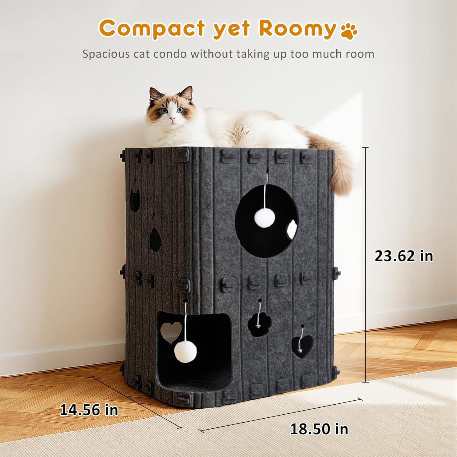 Multi-Level Felt Cat Tower Condo with Interactive Toys - Sturdy, Space-Saving Cat House for Sleeping, Hiding & Playing