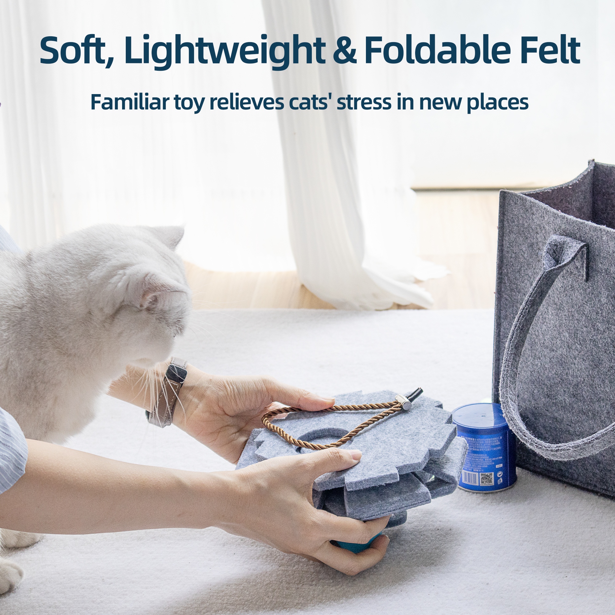 Foldable Felt Cat Puzzle Ball with Bell & Peek Holes