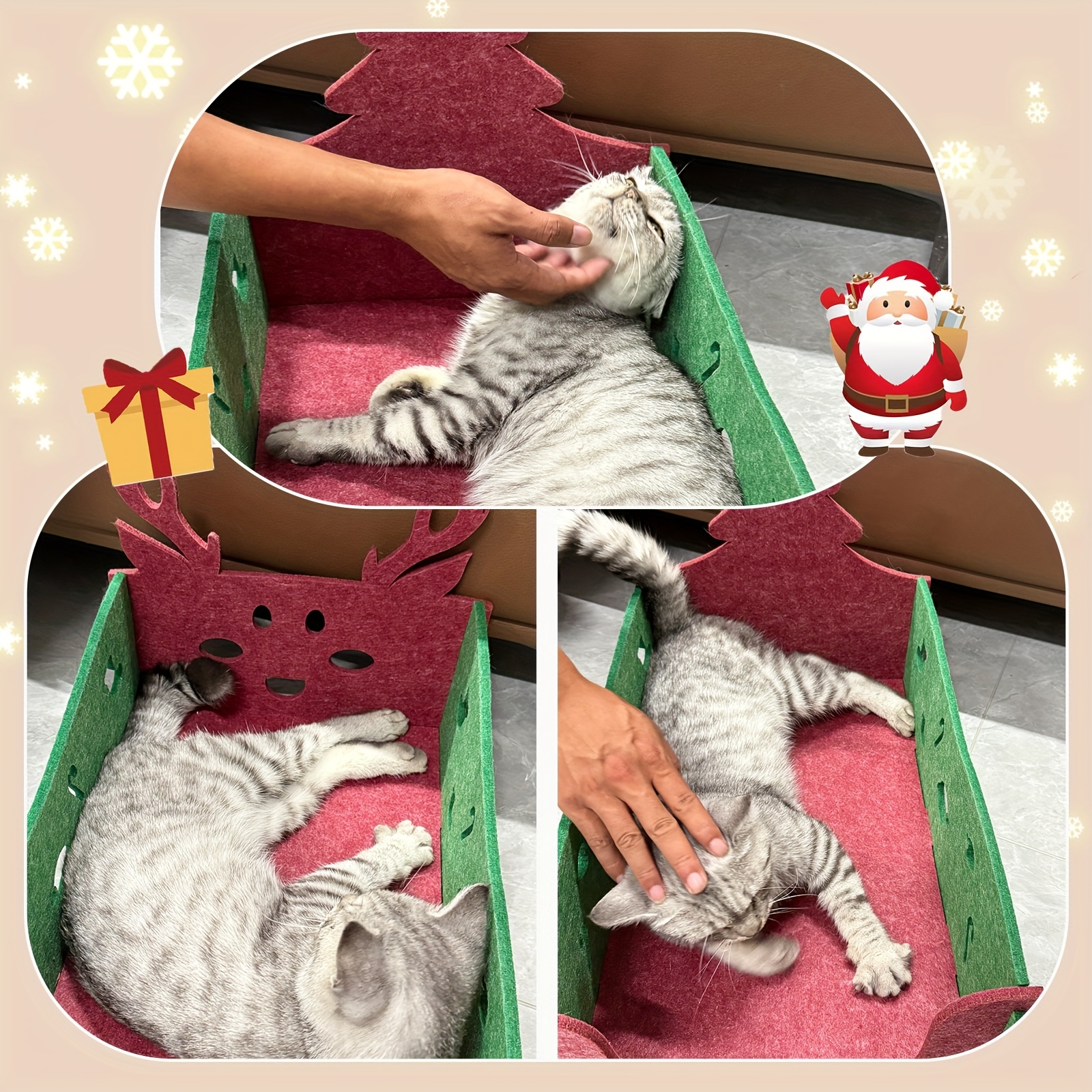 Christmas Felt Pet Bed with Reindeer & Tree Design