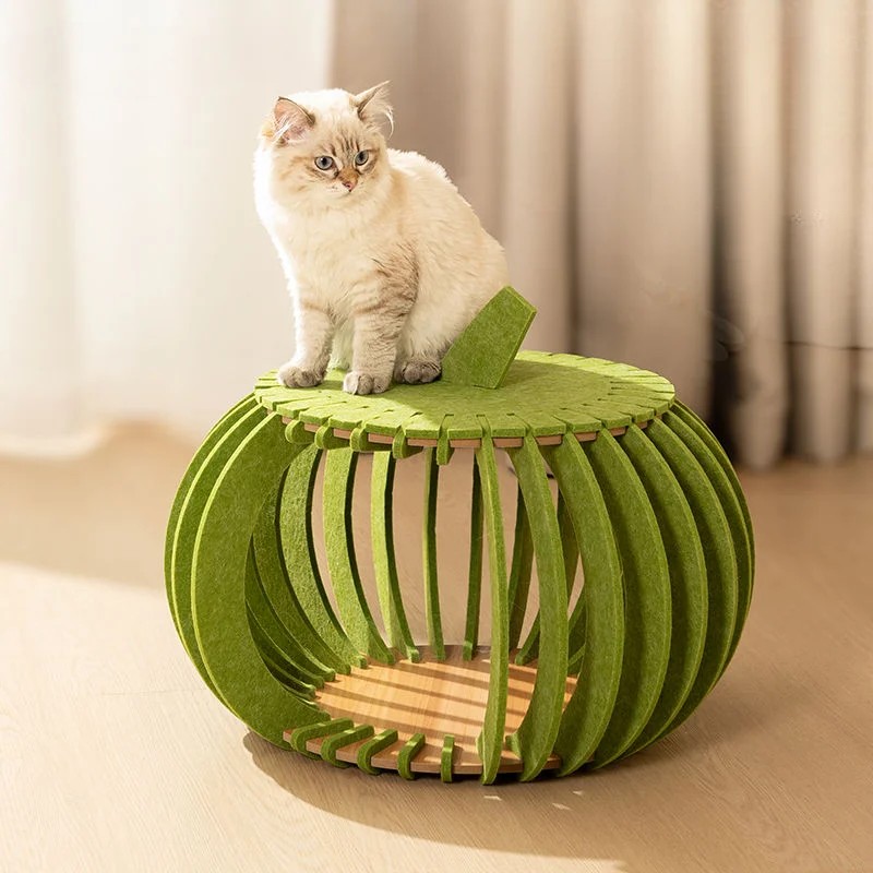 Pumpkin Shaped Felt Cat Cave Bed with Wooden Base