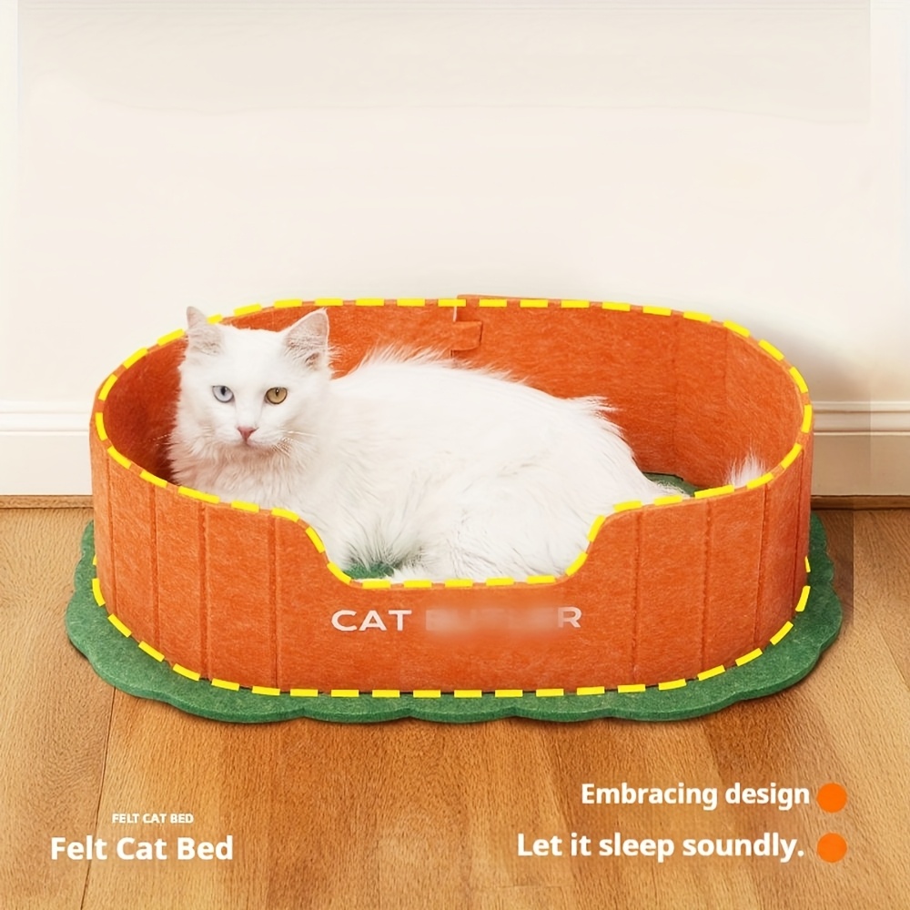 Oval Felt Cat Bed with Bell Ball Toy and Low Entry