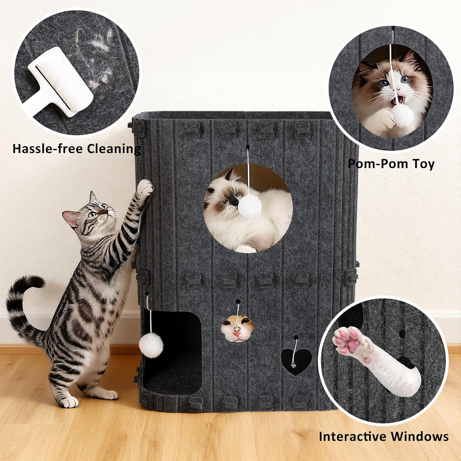 Multi-Level Felt Cat Tower Condo with Interactive Toys - Sturdy, Space-Saving Cat House for Sleeping, Hiding & Playing