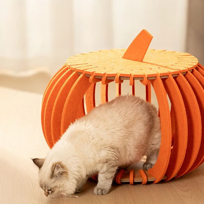 Pumpkin Shaped Felt Cat Cave Bed with Wooden Base