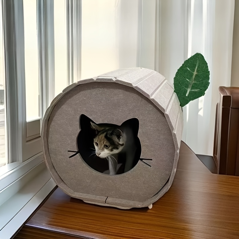 Foldable Felt Tree Stump Cat Cave with Leaf Decoration