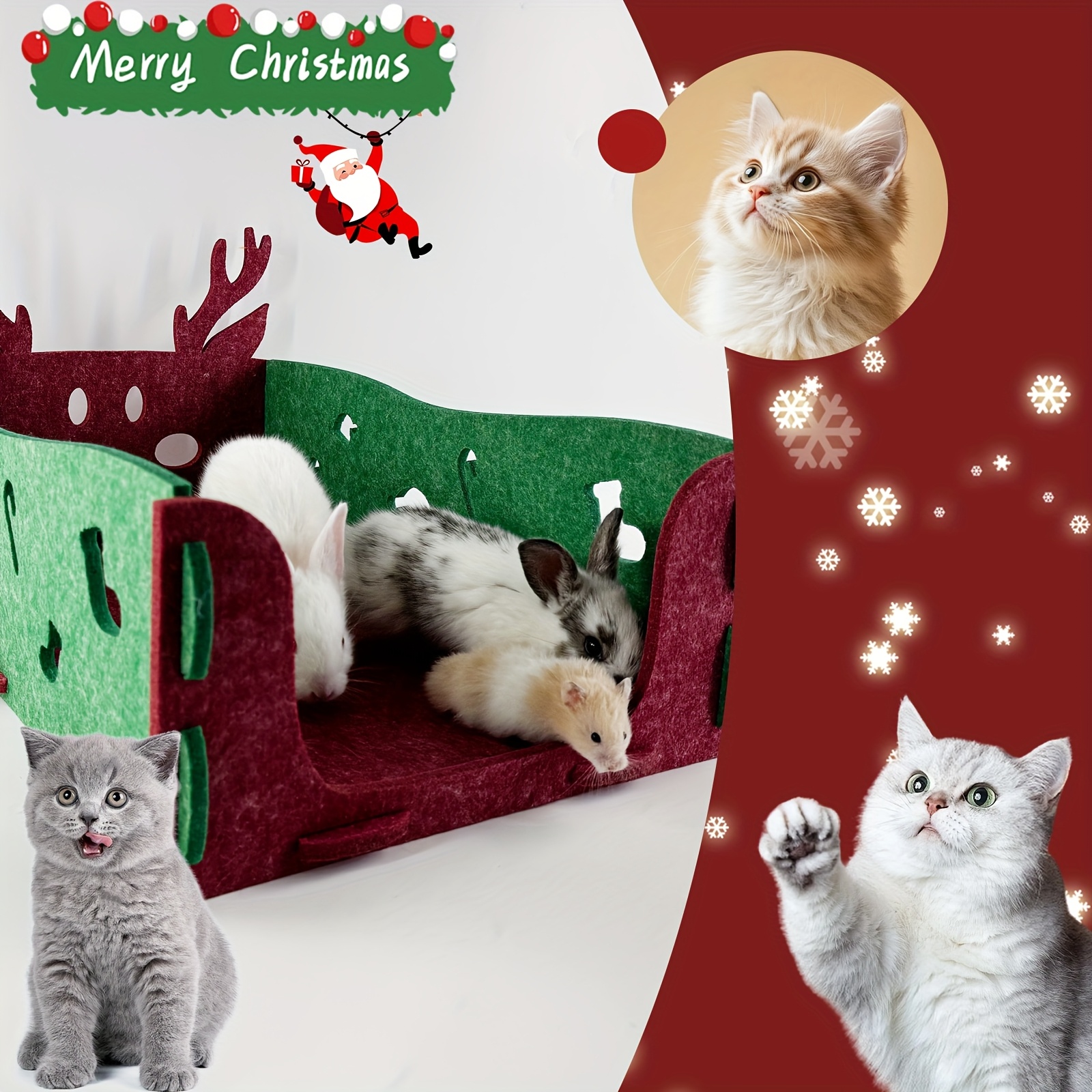 Christmas Felt Pet Bed with Reindeer & Tree Design