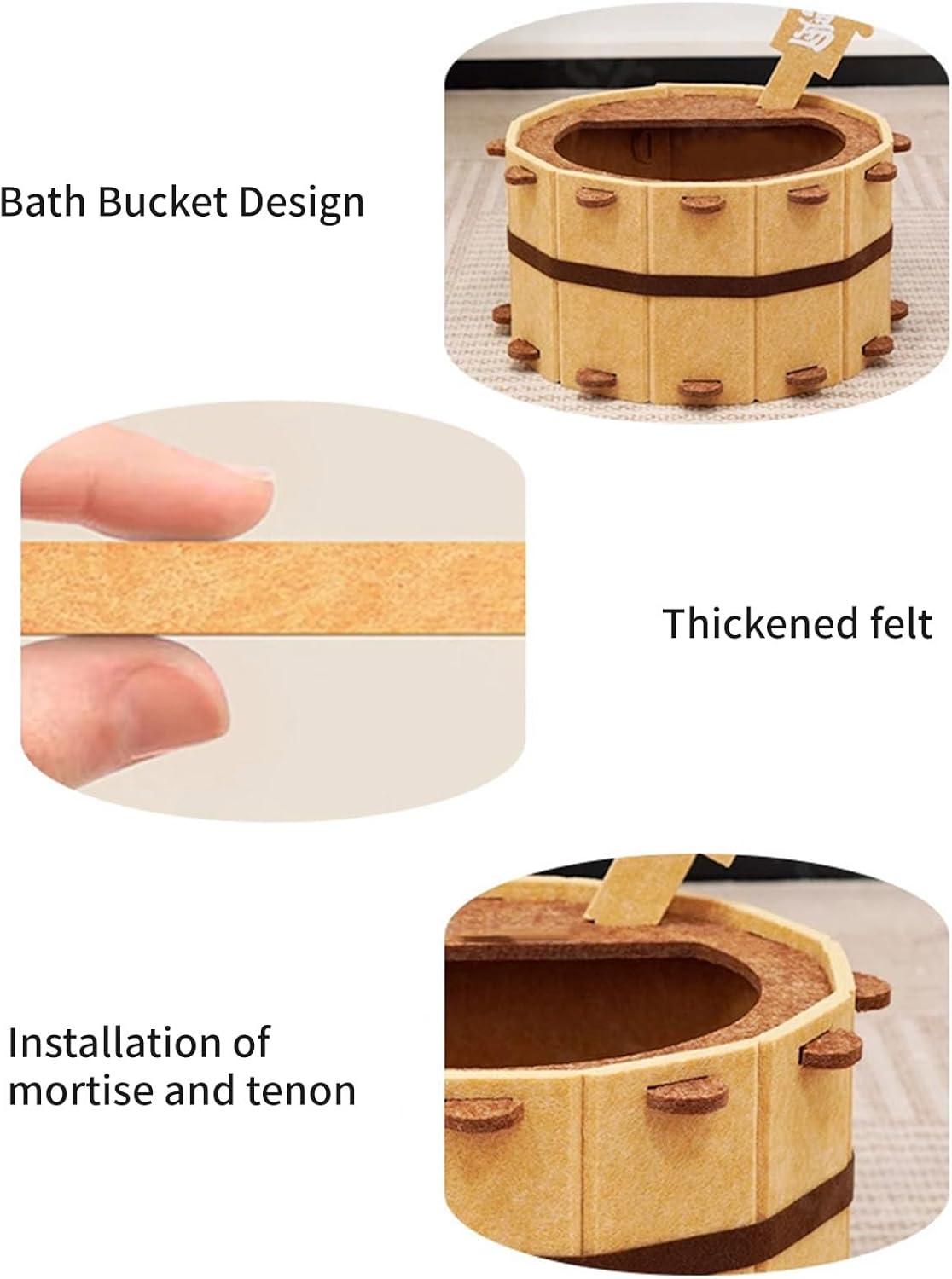 Japanese Onsen Tub Cat Bed - Felt Cat House with Scratcher, Semi-Enclosed Cozy Cave for Indoor Cats