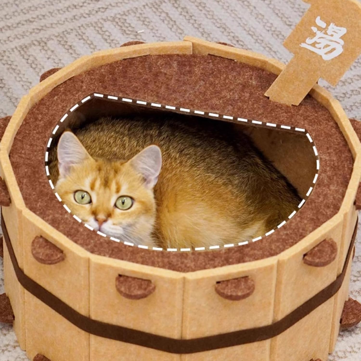Japanese Onsen Tub Cat Bed - Felt Cat House with Scratcher, Semi-Enclosed Cozy Cave for Indoor Cats