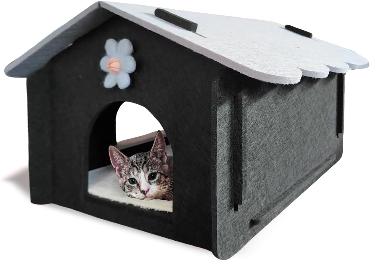 Cozy Felt Cat House with Flower Decor and Plush Mat