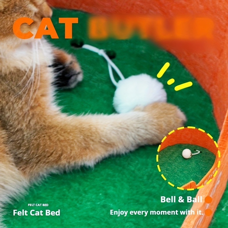 Oval Felt Cat Bed with Bell Ball Toy and Low Entry