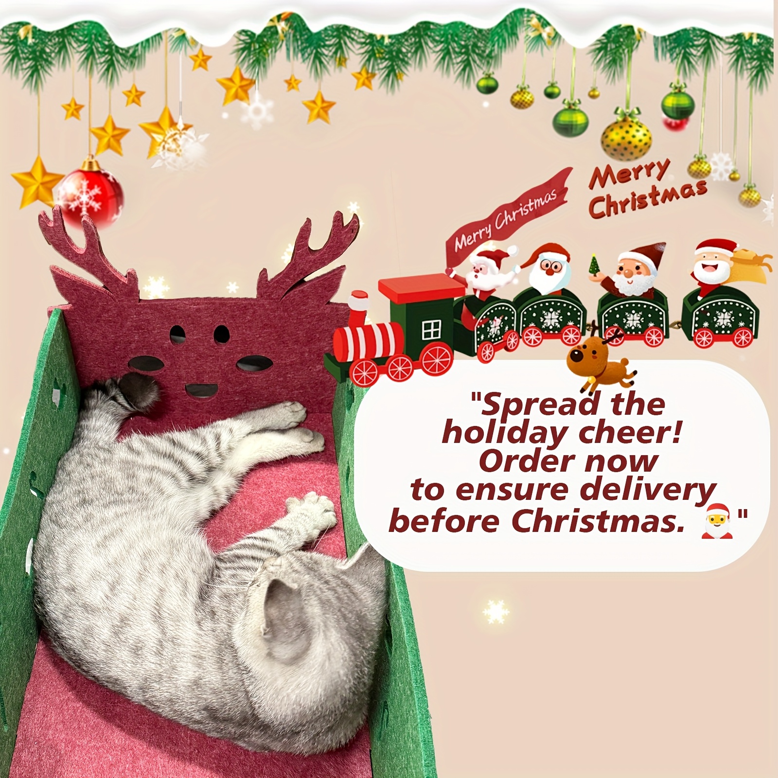 Christmas Felt Pet Bed with Reindeer & Tree Design