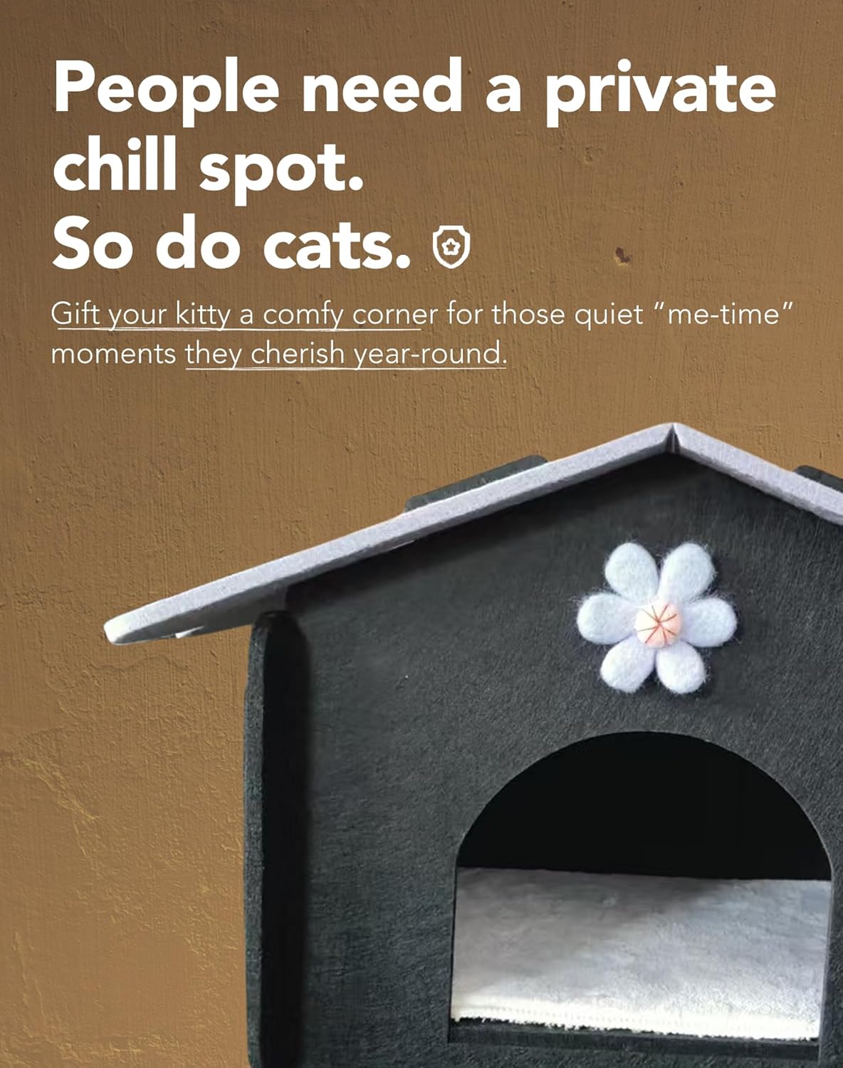 Cozy Felt Cat House with Flower Decor and Plush Mat