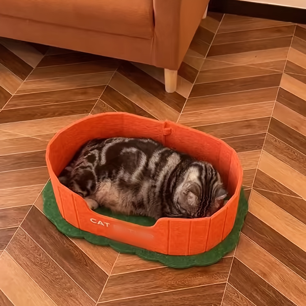Oval Felt Cat Bed with Bell Ball Toy and Low Entry